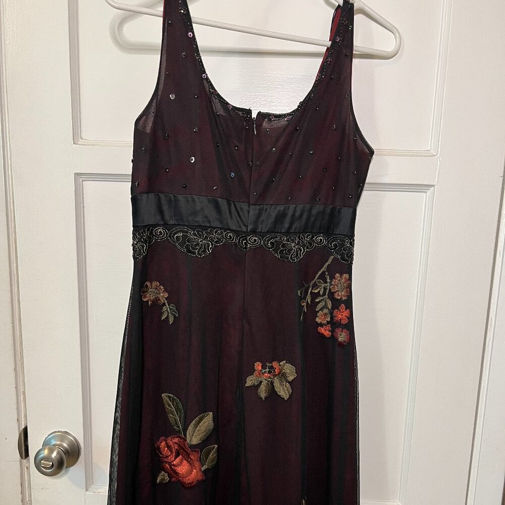 Adrianna Papell Rose Floral Embroidered Beaded Overlay Dress in Black and Red